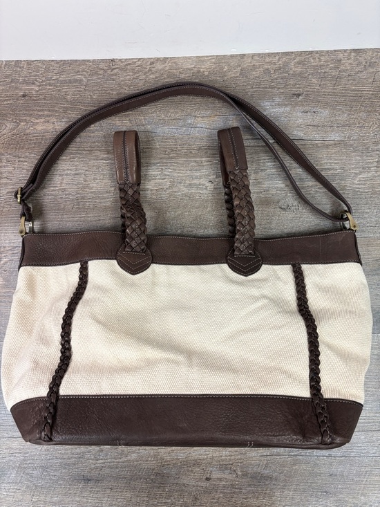 The American Icon Braided Leather Tote Bag | Beige | Tommy  Tommy Hilfiger Canvas & Leather Braided Tote Bag Cream Brown Striped Interior